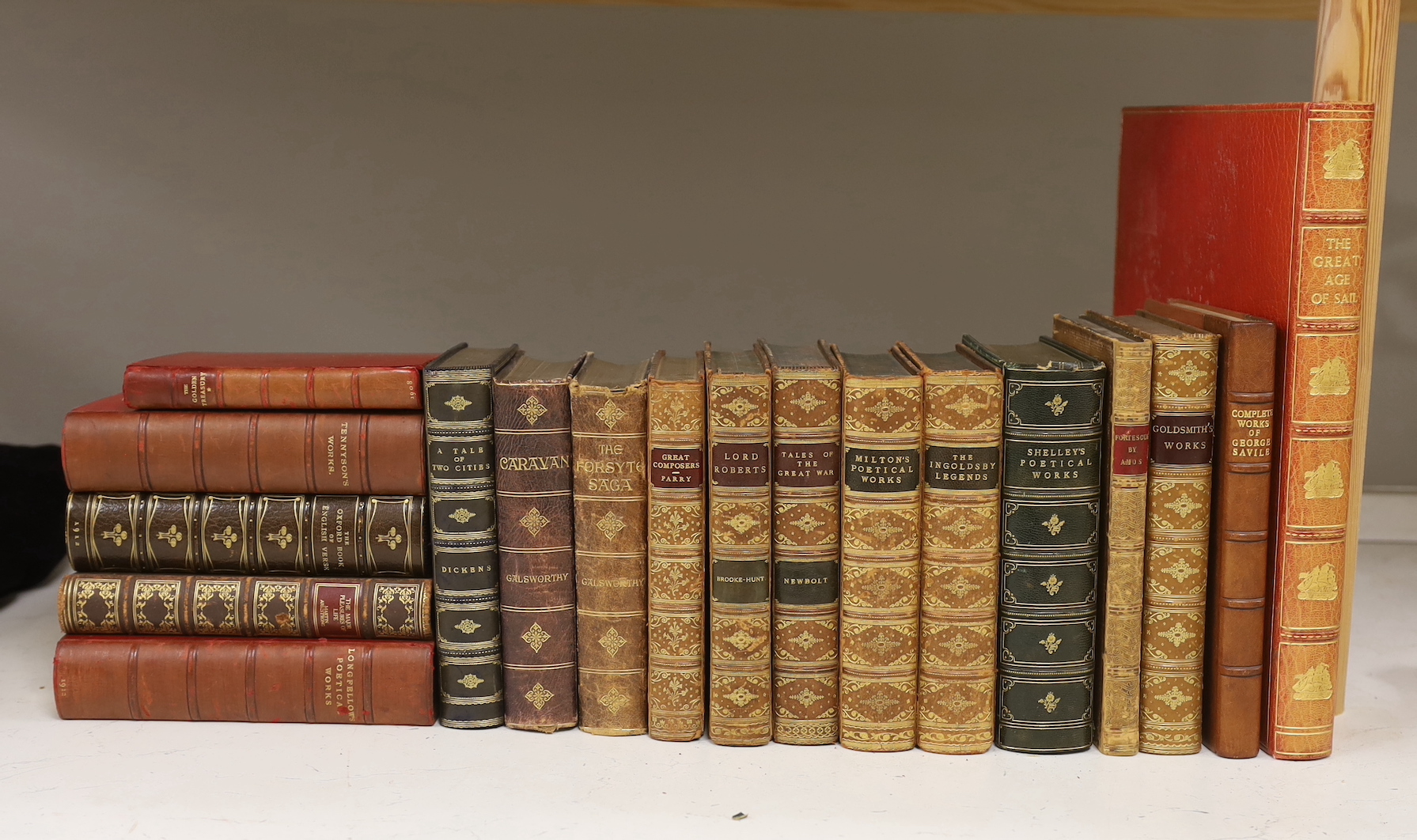 Eighteen volumes full calf leather bindings, including The Great Age of Sail, Shelley’s Poetical Works and other poetry volumes
